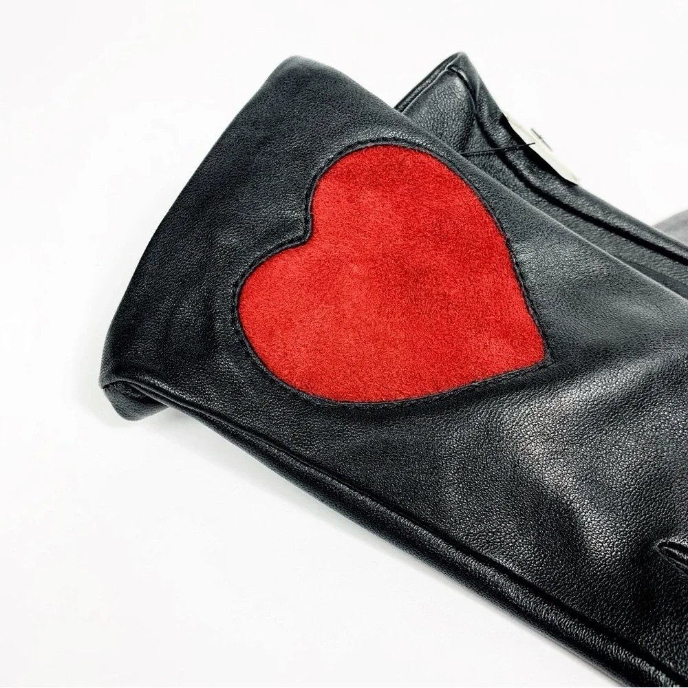 Aqua Leather Gloves w/ Red Suede Heart • Luxe Black NWT Gloves • Gift-Ready $129